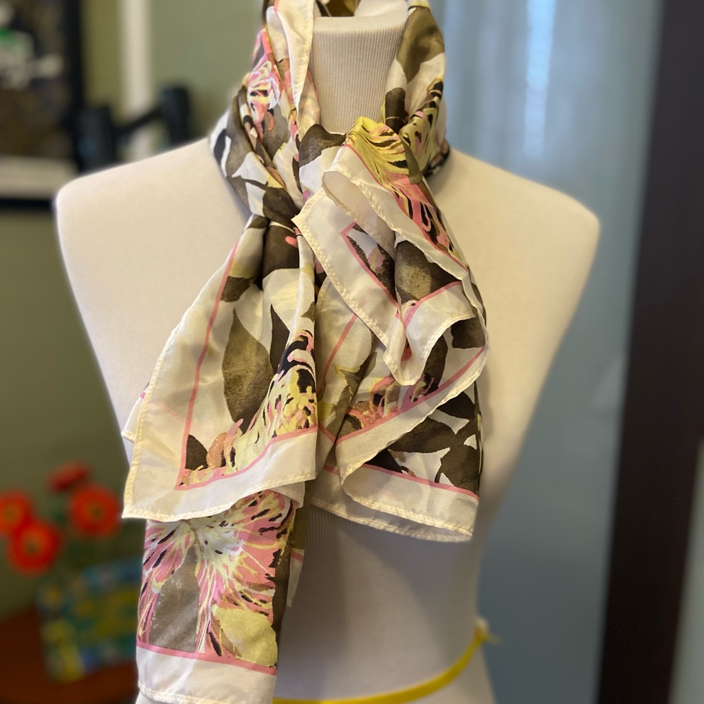 Floral Silk Scarf With Pink And Green Accents